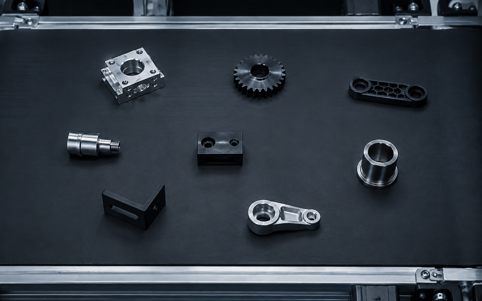 Peças industriais posicionadas para inspeção por visão computacional